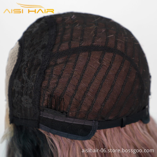 Aisi Hair Woman Wholesale Cheapest Fiber Synthetic Long Body Hair Ombre Light Purple Synthetic Wavy Lace Front Wig